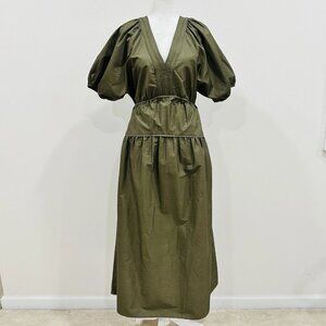 Madewell Women’s Puff-Sleeve Midi Dress in Poplin Green Size XS